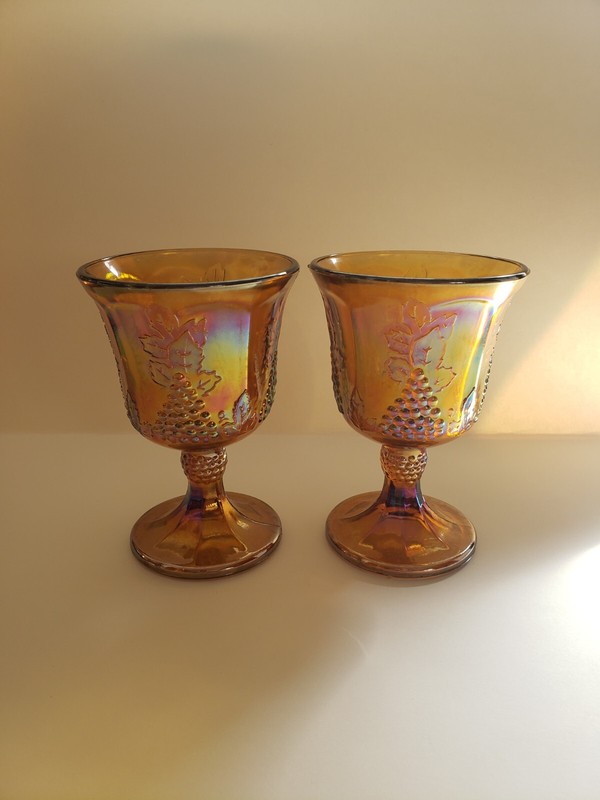 2 Vintage Amber Indiana Carnival Glass Harvest Grape Wine Goblets