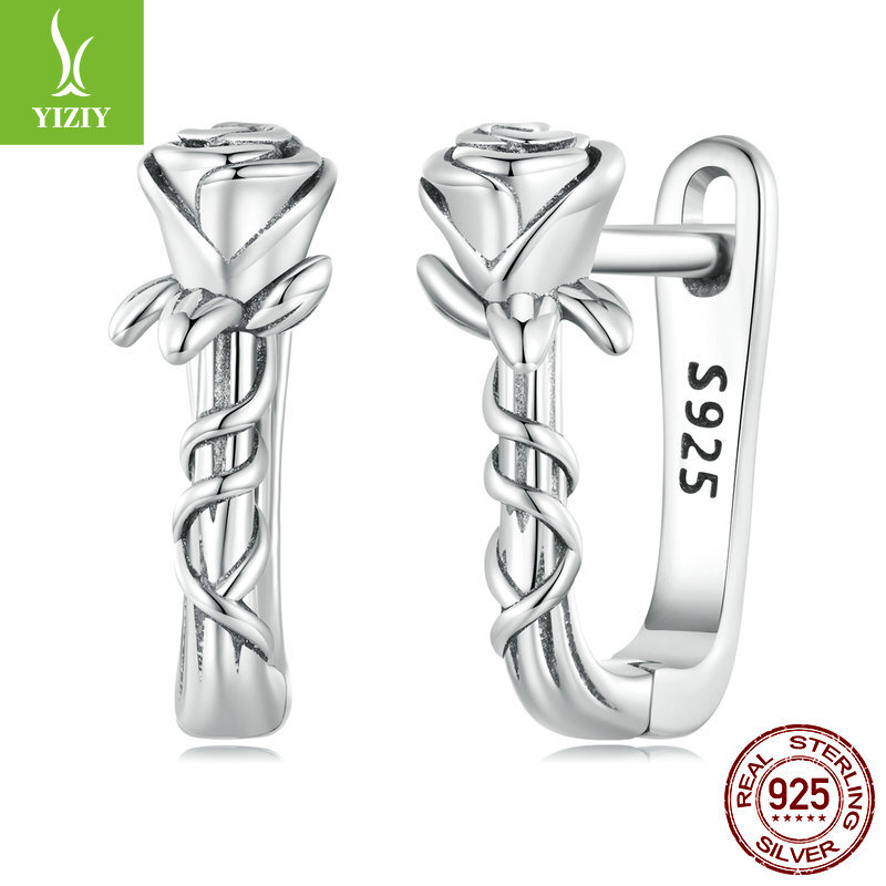 Fashion European Real 925 Sterling Silver Rose Hoop Earrings Jewelry Women Gifts