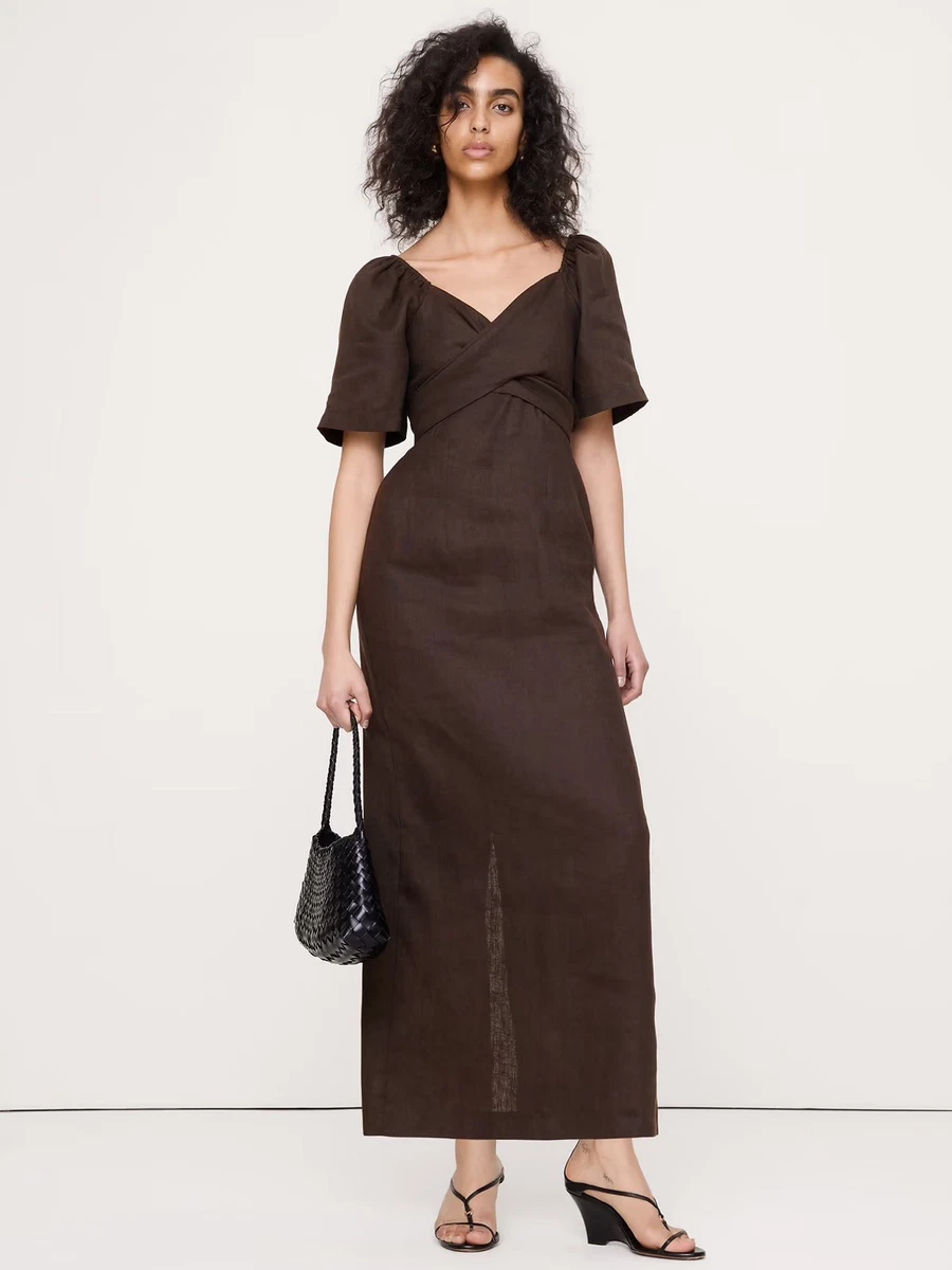 banana republic brown silk dress Stretch-Satin Ruched Maxi Dress