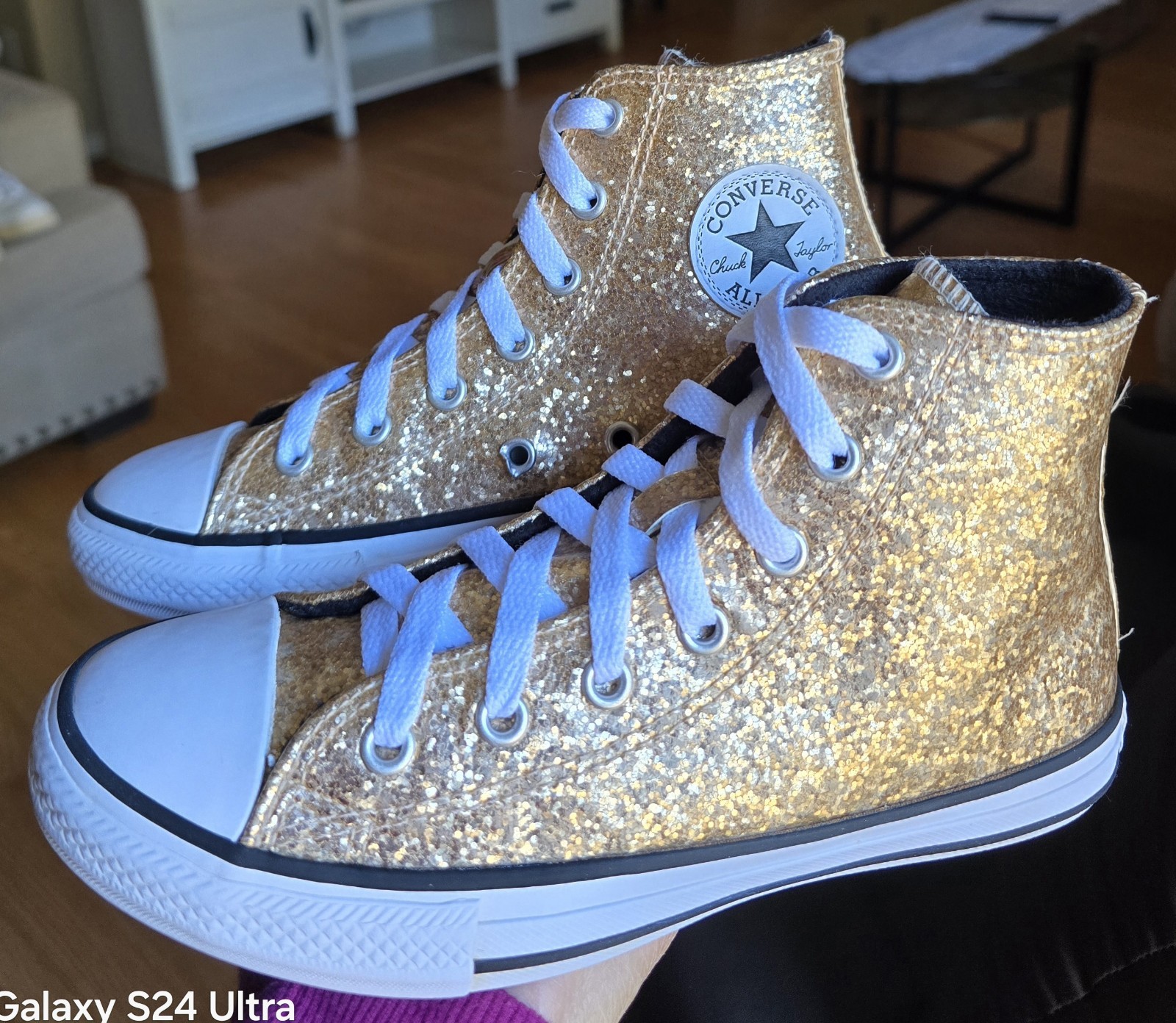 Sz 2 Big Girl's CONVERSE CTAS HI GOLD GLITTERS Casual Shoes