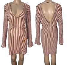 Faithfull the Brand Neroli Brown White Striped Long Sleeve Mini Dress Size Small