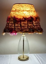Tischlampe Glasfuß Messingsockel floraler Unikatfederschirm Lamplove Sammler rar