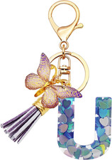 Initial Letter Keychains for Girls Women Pink Purple Green Cute Butterfly Heart