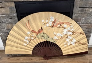 Vintage Very Large Asian Folding Fan Wall Decor Hand Painted 72” Wide!