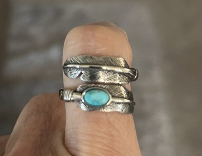 Sterling Silber echter Türkis Feder Ring S-7 Gesichtshöhe:13,6 mm wunderschön 