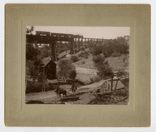 Railroad Steam Engine on Trestle Bridge, Man & Wagon 1890s Western US RR Photo