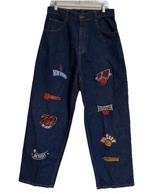 Vtg UNK NBA Teams Embroidered Patches Denim Jeans Mens Streetwear Hip Hop 32x31