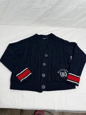 Tommy Hilfiger Cardigan Sweater Black Cable Knit Varsity Striped Cuffs XS