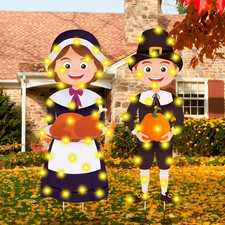2Pack Thanksgiving Pilgrim Couple Yard Signs with LED Lights for Lawn  Garden