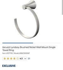 Brand New JACUZZI nickel LYNDSAY towel Ring 0571718 Bathroom Fixture