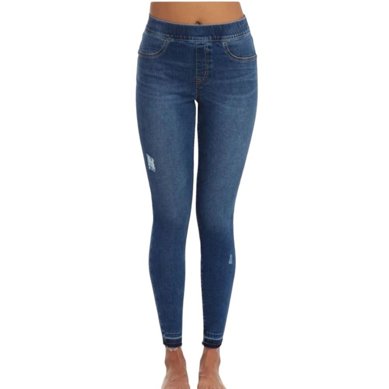 Spanx Skinny Jeans Pull On Frayed Ankle Distressed Medium Wash Womens Medium