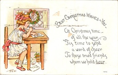 Girl Writing Christmas PC 1918 Carbondale PA T.E.M. F.A. Owen CO Postmark