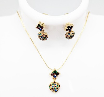 DESIGNER INSPIRED 20 in RAINBOW MULTI COLOR CRYSTAL HEART GOLDTONE JEWELRY SET