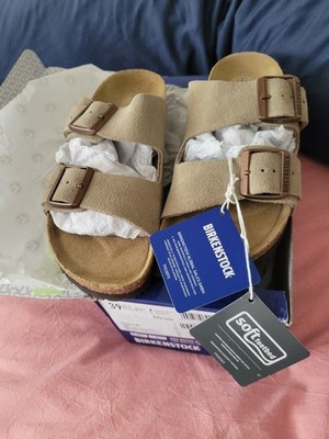 Birkenstocks Arizona Softbed Suede Sandals Taupe with Copper buckles Size 39