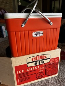Vintage Thermos Orange Ice Chest Retro Camping Cooler Picnic Original Box USA 37