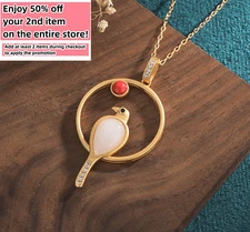Jade Crystal Pendant Necklace Charm 18K Gold Plated Chain Bird Dainty Gemstone
