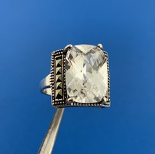 Designer 925 Sterling Silver Rectangle Cubic Zirconia Marcasite Statement Ring