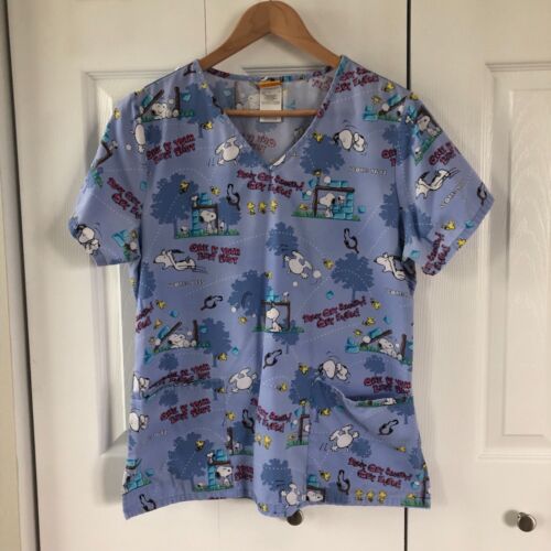 Peanuts Womens Scrub Top Size Small Snoopy & Wood… - image 1