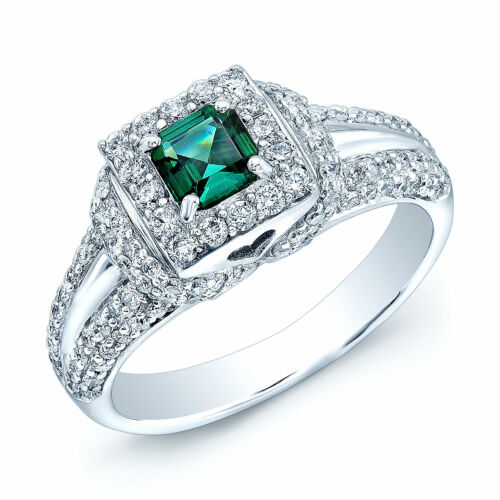 18k Oro Blanco Asscher Verde Turmalina Anillo de Compromiso Diamante Cuadrado - Imagen 2 de 3