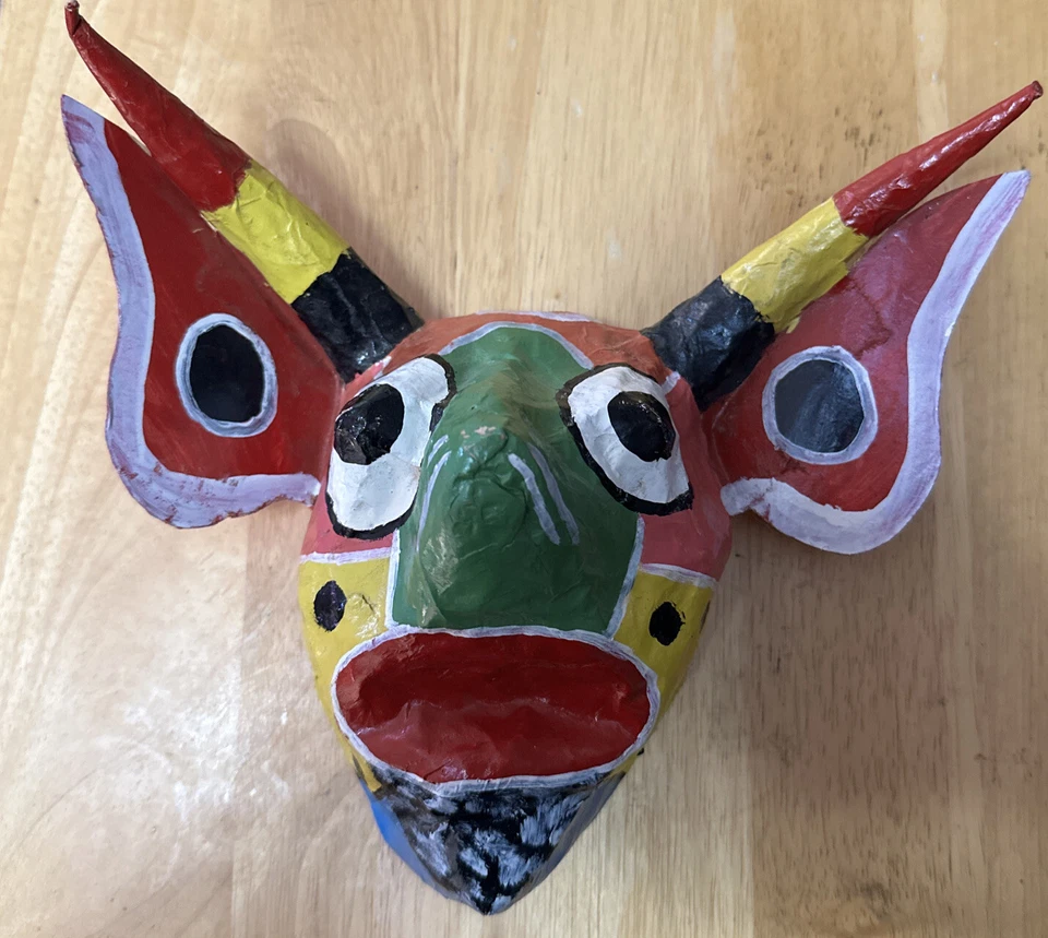 Vintage Mexican Paper Mache Mask colorful horned beast  mask wall hanging 10”W - Image 2 of 4