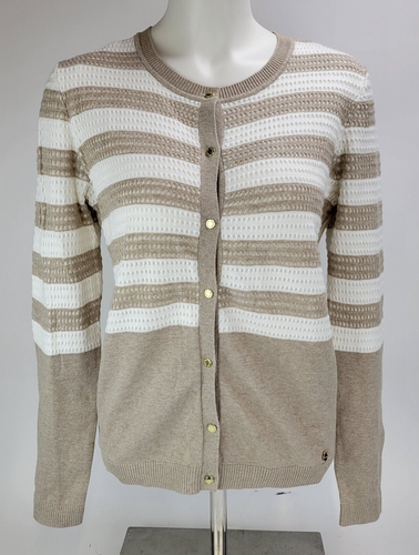 Calvin Klein Tan/White Striped Gold Button Cardigan Sweater Womens Medium