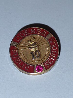 Gold Filled Lapel Pin Odessa Public Schools 10-year Service Ruby Red Rhinestone