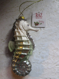 SUMMER GLASS ORNAMENT SEAHORSE RAZ IMPORTS BEACH BEADED GLITTER OCEAN FROSTY NEW