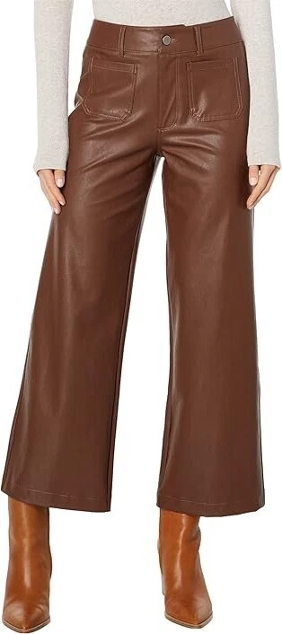 Pantalones de mezclilla PAIGE Anessa tiro alto pierna ancha recortados de cuero vegano marrón 25 Foto 4 de 4