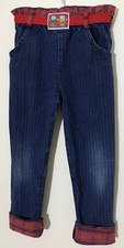 VTG Oshkosh B'gosh Blue Red Denim Jeans Plaid Hem Elastic Waist Made in USA Sz 4