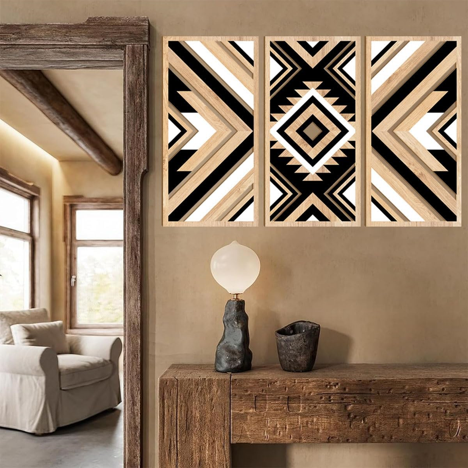 Aztec Wall Art Western Wood Wall Decor Large 3 Panels 16x32 Inch Black