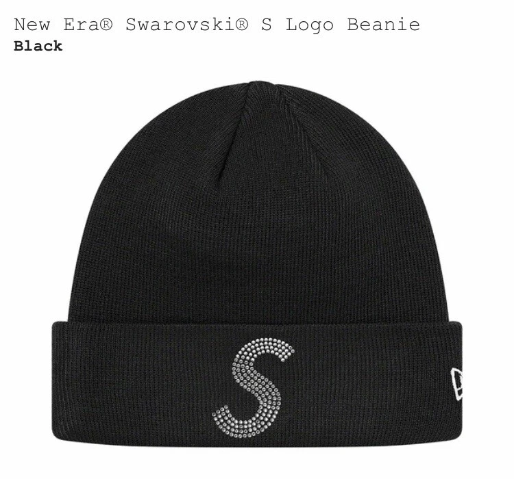 Supreme New Era Swarovski S Logo Beanie noir avec sac N autocollants