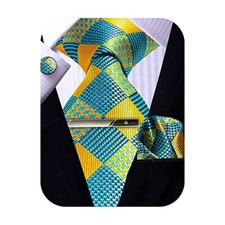 Mens Tie Pocket Square Cufflinks Tie Bar Set, Silk Woven Necktie Green Check