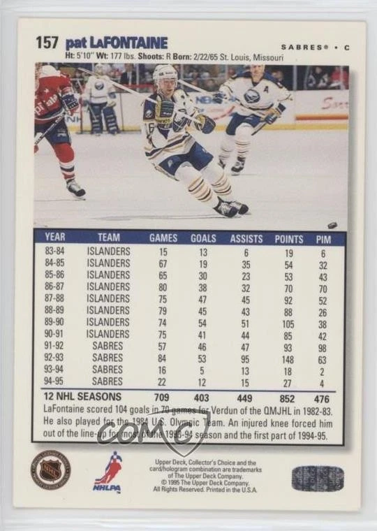 1995-96 Upper Deck Collector's Choice Pat LaFontaine #157 HOF - Image 2 of 2