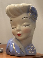 VTG Glamour Girl Head Wall Pocket /Vase Blue Gold Hand Painted Made In USA