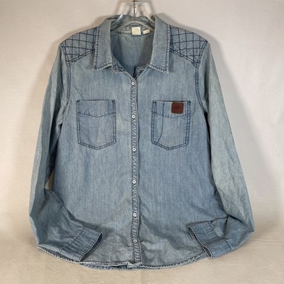Women's Roxy Denim Jean Quilt Design Button Down Size Medium
