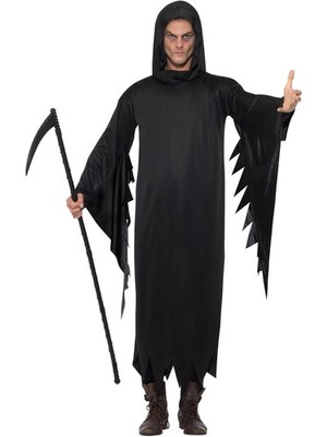 Herren Sensenmann Kostüm schwarz Kapuze Gewand Halloween Kostüm Outfit