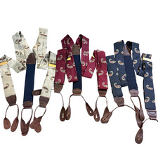 VTG RED BLUE TAN Paisley Leather Button Suspenders Solid Brass Clasps Lot Of 3
