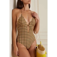 Tory Burch Ring Hardware Wicker-Print One-Piece Swimsuit XS Lime Green Halter 