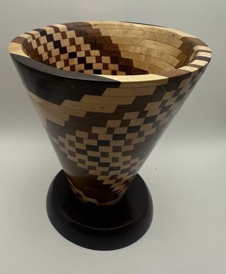 2016 Handcrafted Signed JC Hayre Segmented Mixed Turned Wood Vase 7.5  T X 6.5 