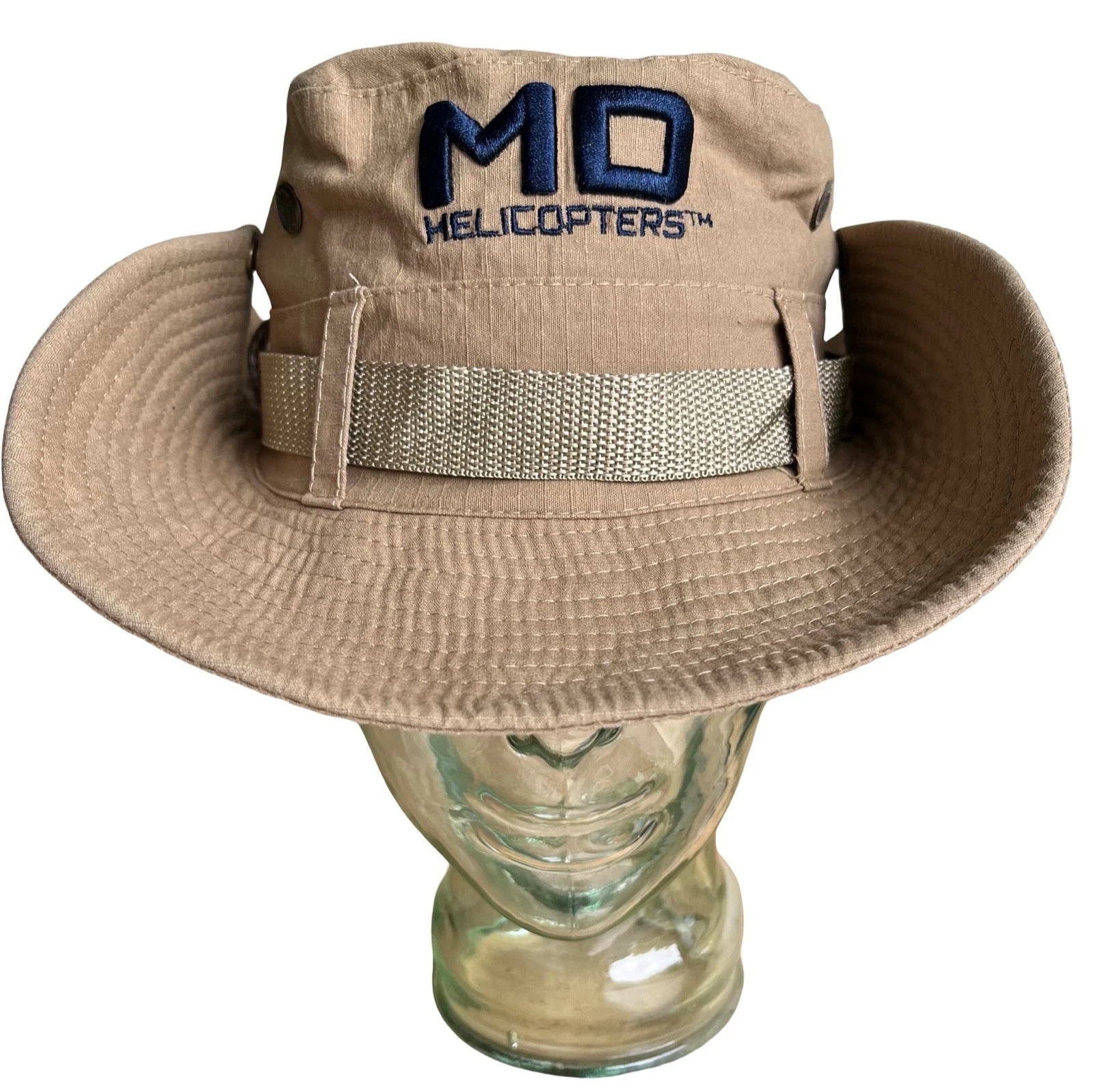 MD Helicopters Embroidered Sun Hat/Runway Cap with Side Snaps, Size Medium Khaki