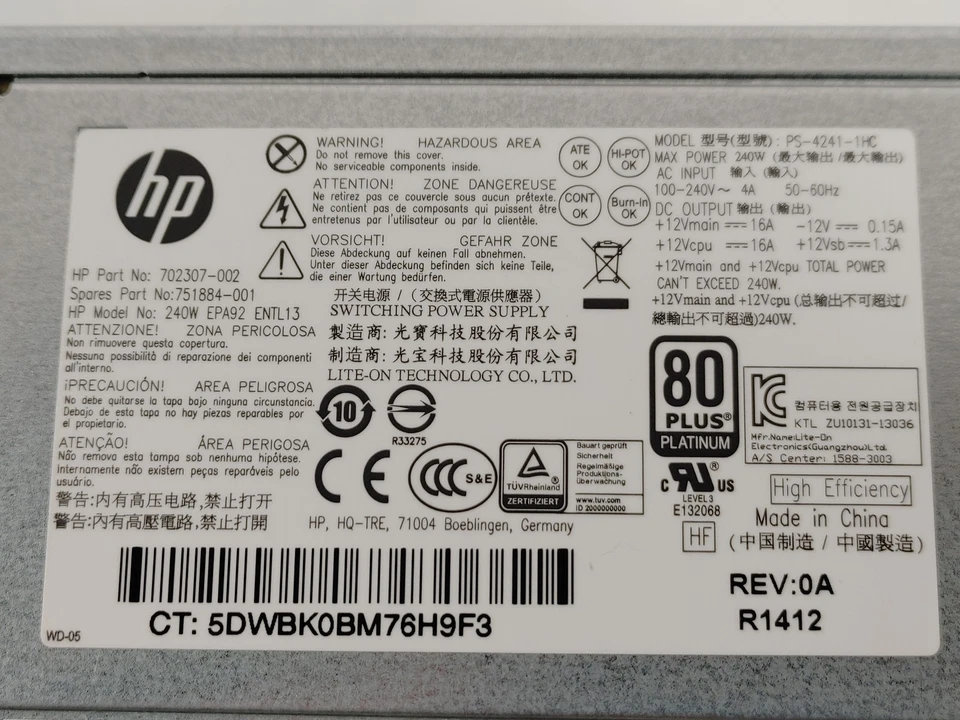 Fuente de alimentación de escritorio HP ProDesk 800 G1 SFF 6 pines 240 W 702307-002 Foto 2 de 4