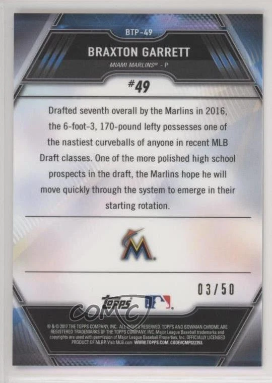 2017 Bowman Chrome Scouts Top 100 Gold Refractor /50 Braxton Garrett #BTP-49 - Image 2 of 2