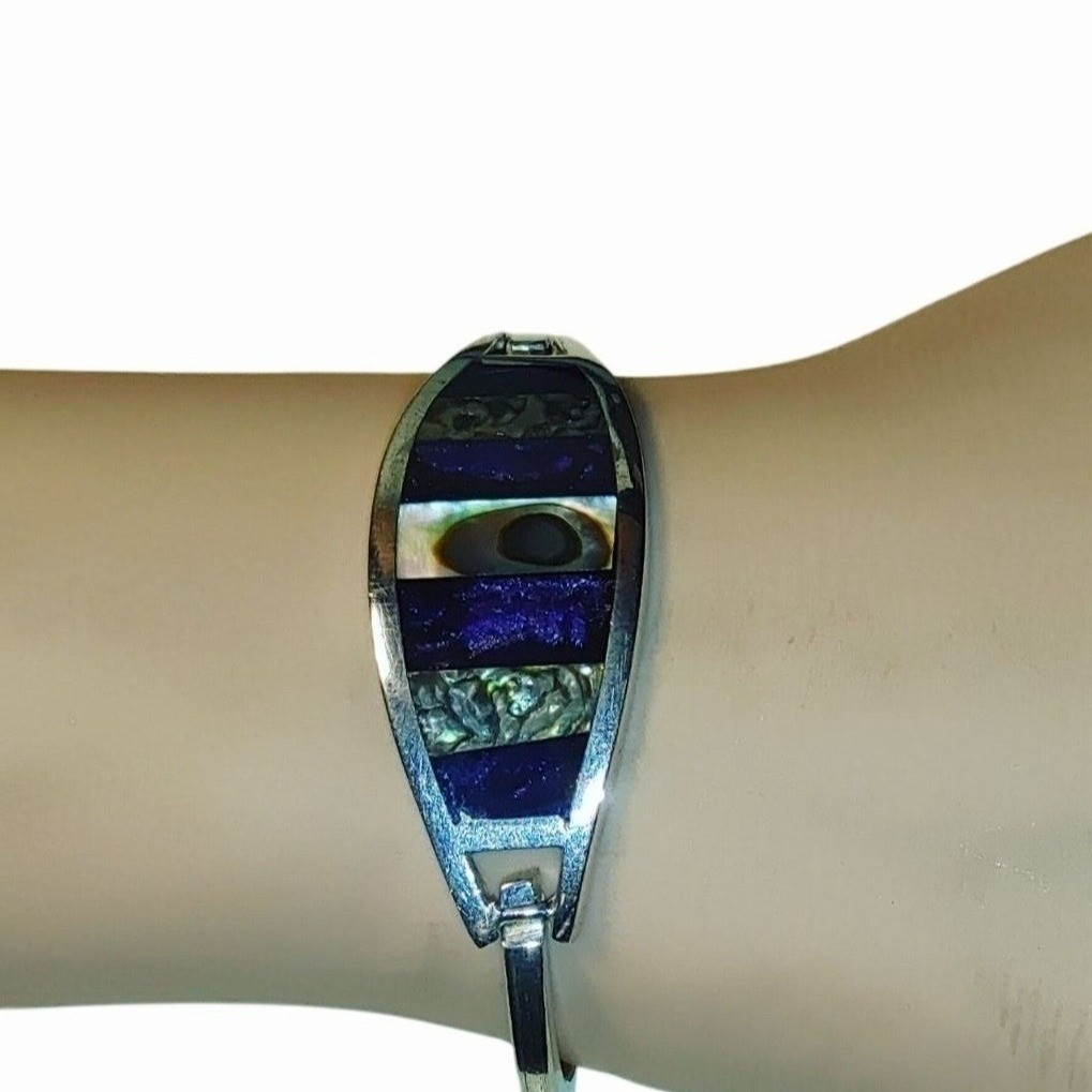 Alpaca Silver Bangle Bracelet Abalone Shell Blue … - image 7