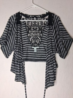 Love By Design Women s Small Boho Lace Back Open Front Cardigan Gray Black...