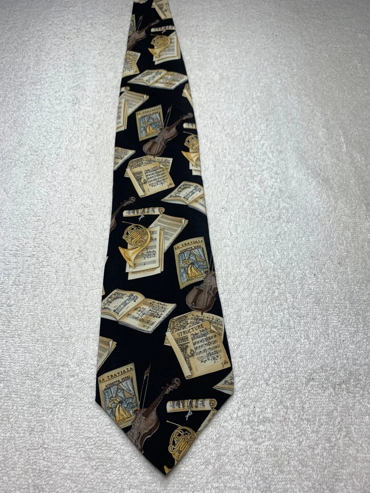 结构男式领带黑色带法国马和小提琴 4 X 59 — 第 2/4 张图片