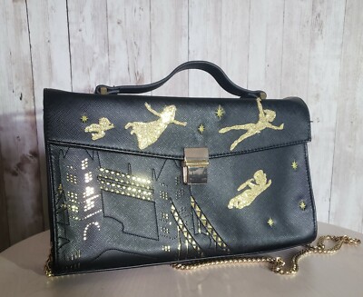 Disney Danielle Nicole Petter Pan Gold London Scene Black Satchel Purse 