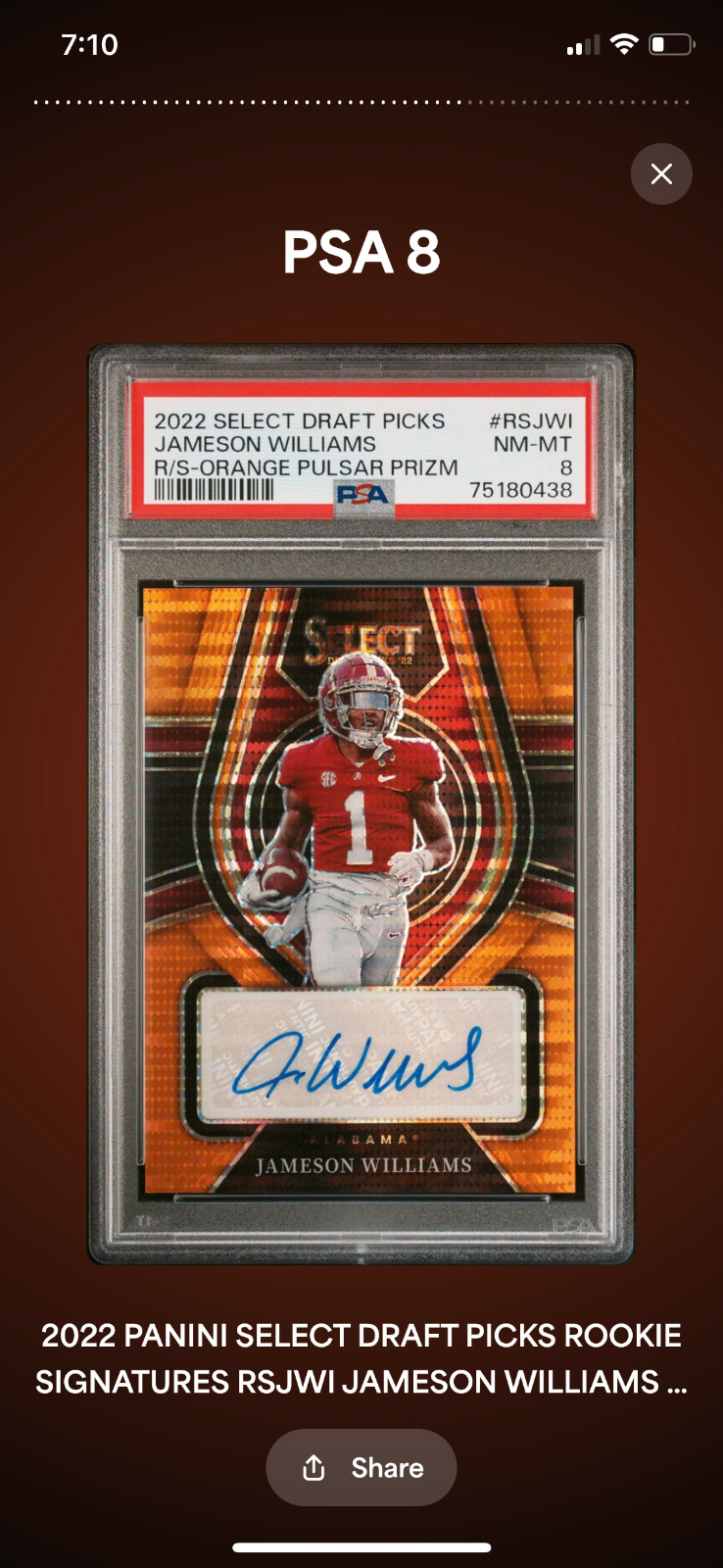 Jameson Williams Panini Select Draft Picks Rookie Signatures #RSJWI Orange Pulsar