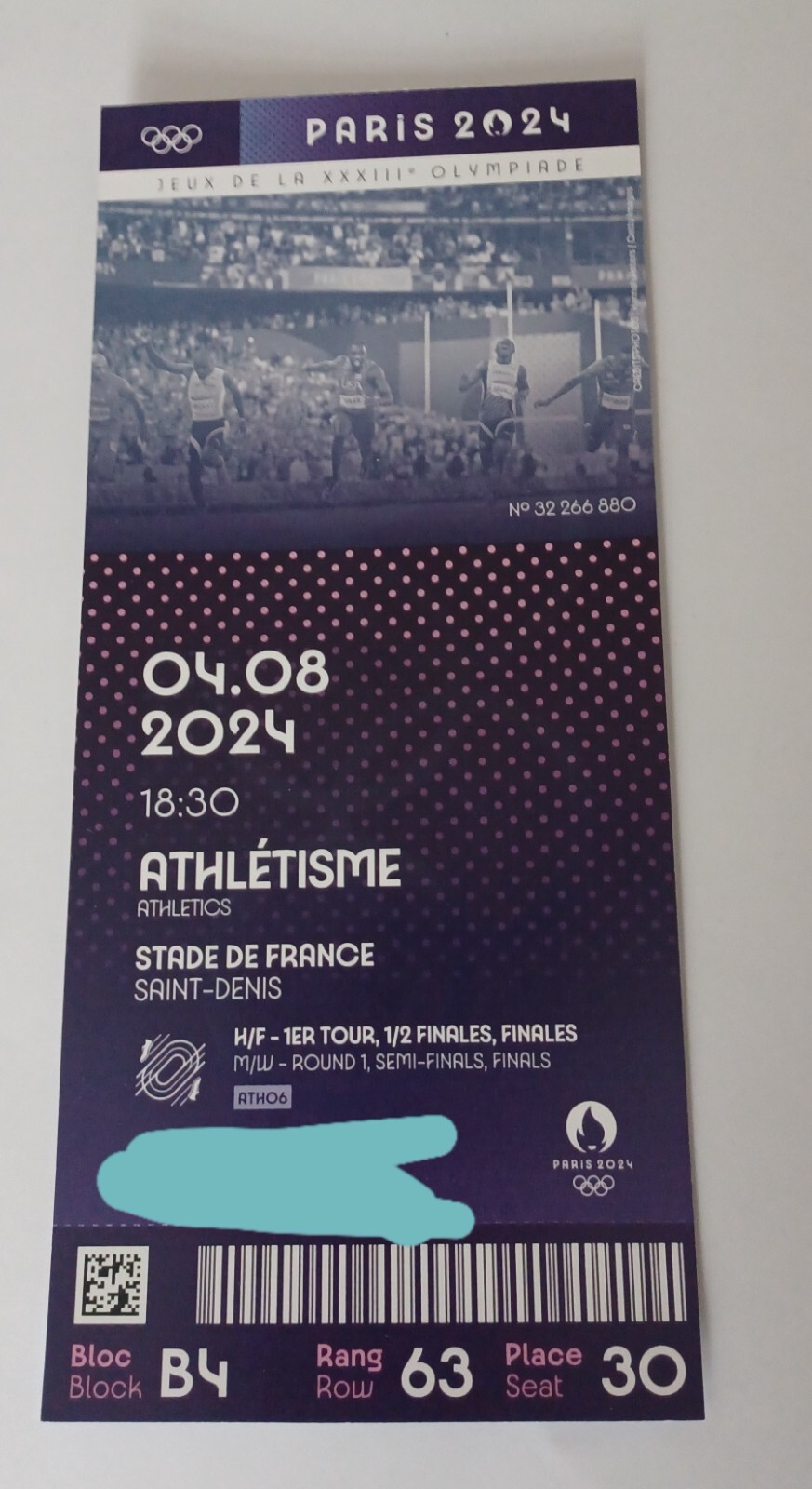 Paris Olympic Ticket: New Souvenir Paris Olympic Ticket Athletics ATH06 on 4 Aug