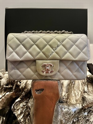 CHANEL 22C Grey Green Silver Mini Flap Iridescent Cloudy Goatskin