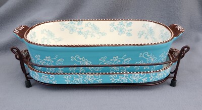 Temptations Floral Lace Light Blue - 2 Quart Baker Dish with Trivet & Wire Rack